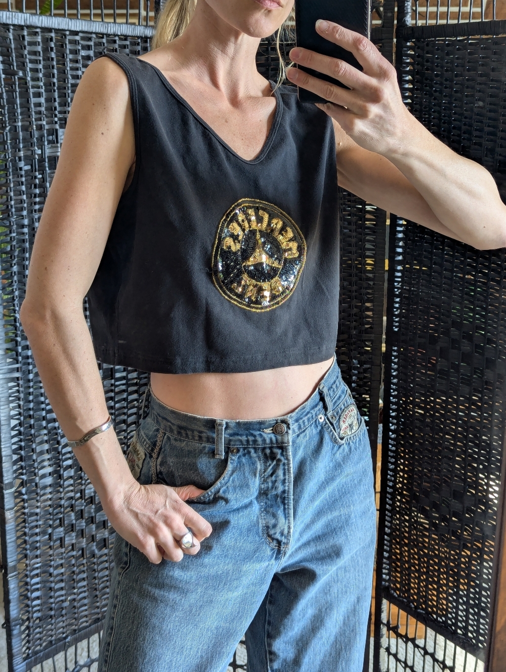 Lg Vintage 1990s Sleeveless, Cotton Crop Top w/ Gold Sequin Mercedes Benz logo